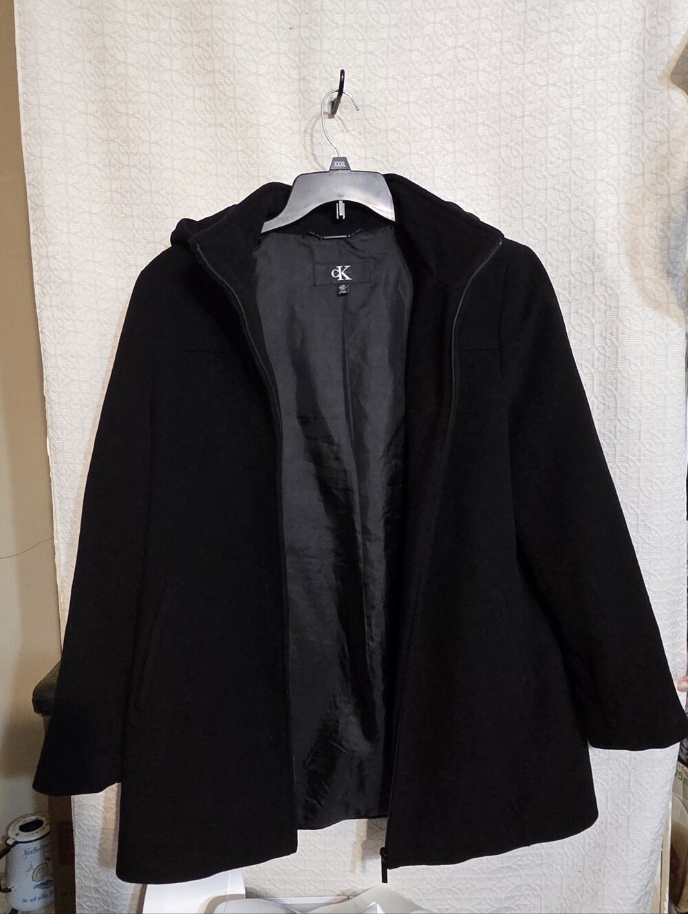 Calvin Klein Black Hooded Wool Blend Coat